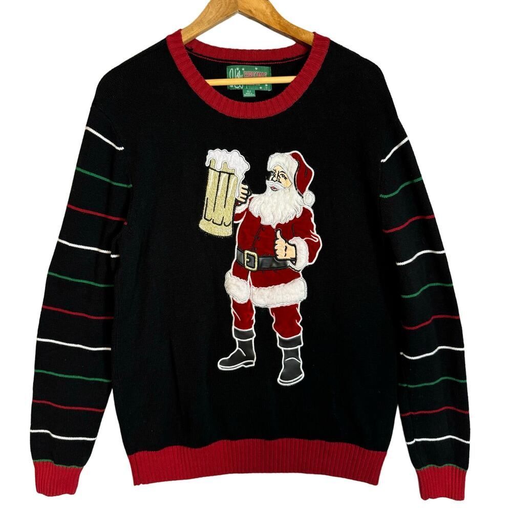 Ugly Christmas Sweater Beer Drinking Santa Mens Large Funny Party Holiday Crew